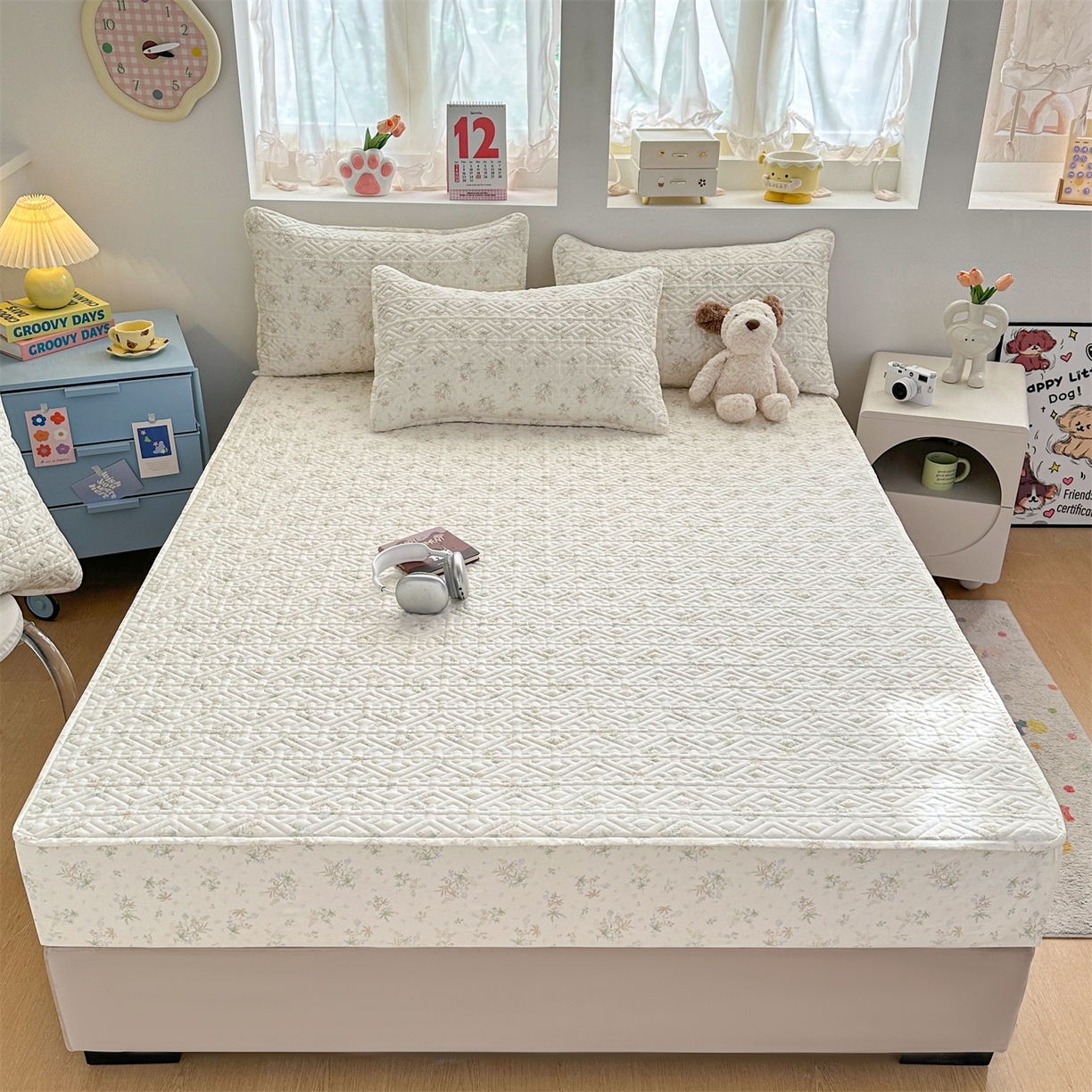 91家纺网 家纺一手货源 找家纺 （总）忘忧草 2025新款清新简约全棉印花夹棉床笠