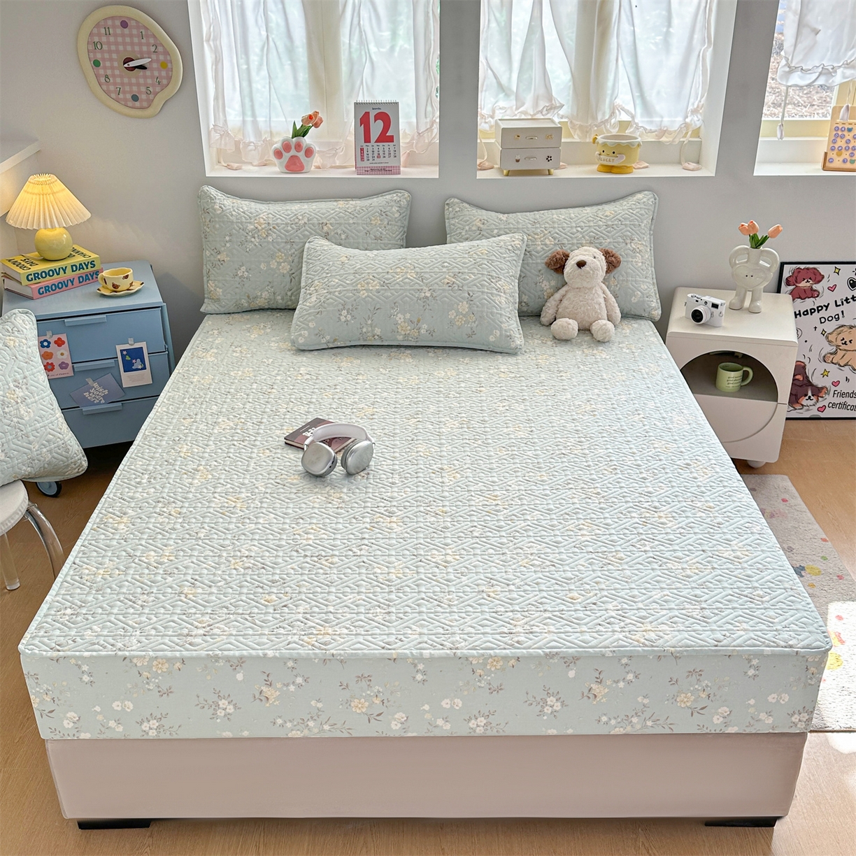 91家纺网 家纺一手货源 找家纺 忘忧草 2025新款清新简约全棉印花夹棉床笠 苏林-绿