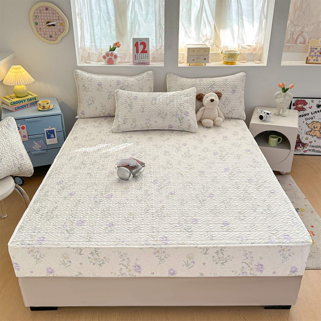 91家纺网 家纺一手货源 找家纺 （总）忘忧草 2025新款清新简约全棉印花夹棉床笠