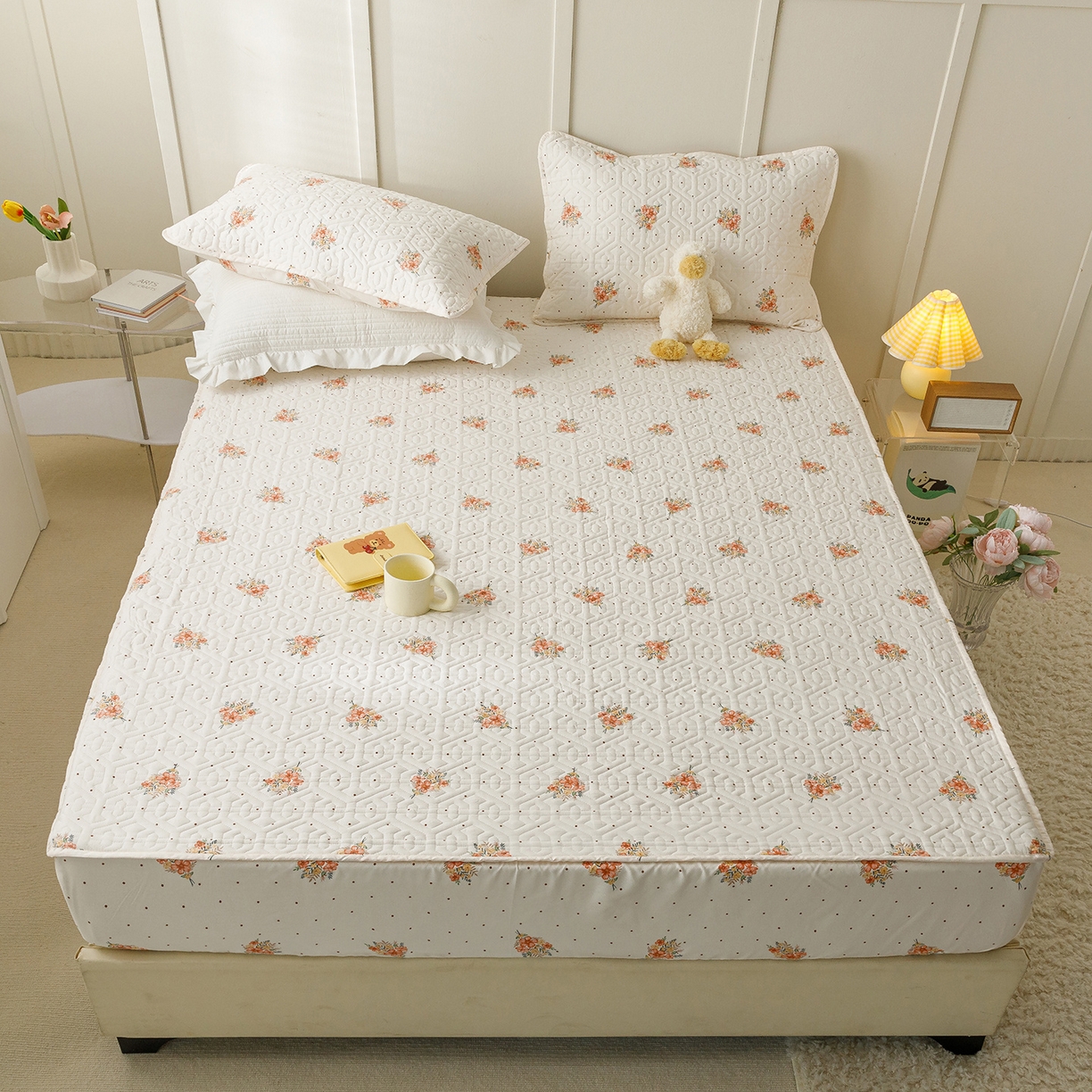 91家纺网 家纺一手货源 找家纺 忘忧草 2025新款清新简约全棉印花夹棉床笠 花簇-米