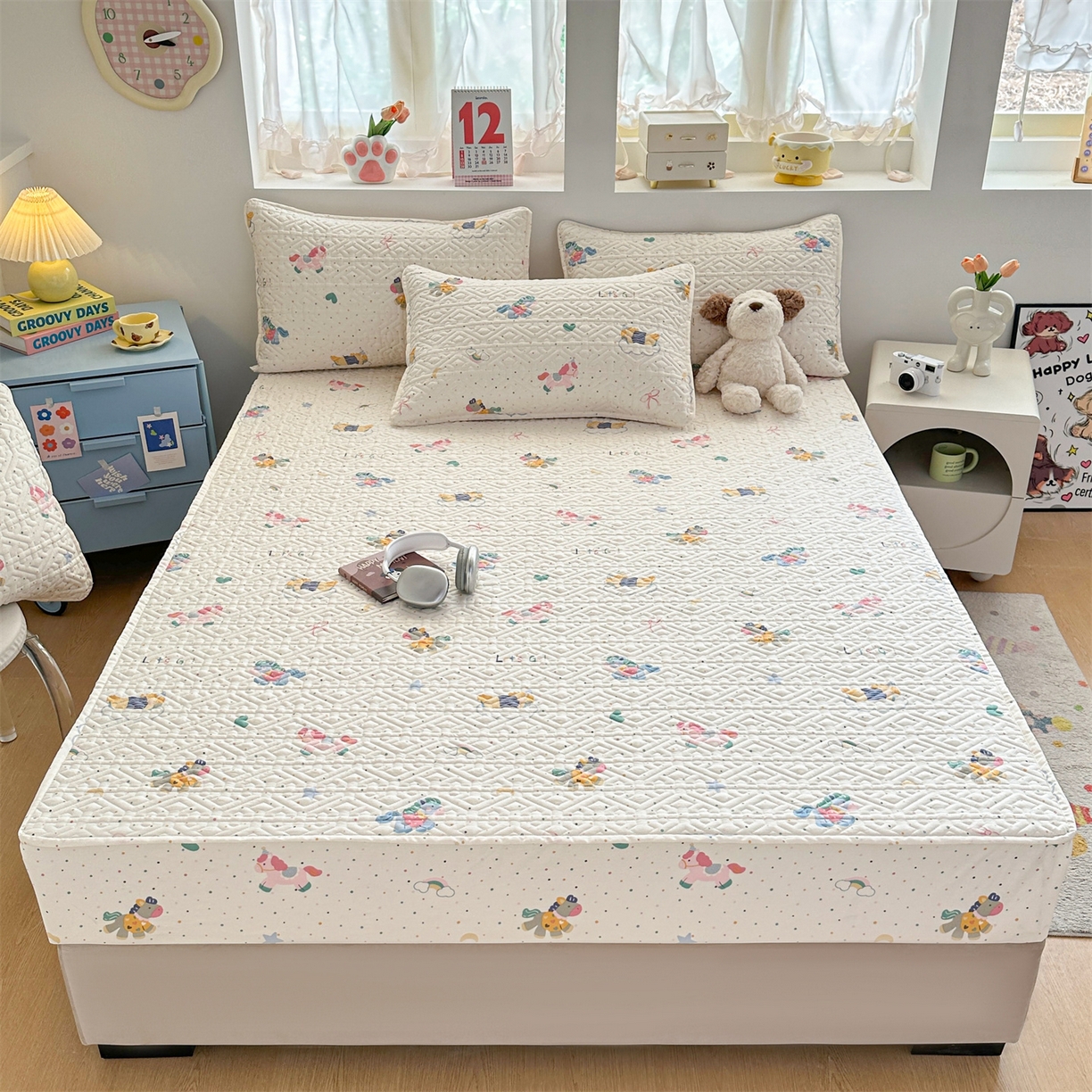 忘忧草 2025新款清新简约全棉印花夹棉床笠 彩虹木马