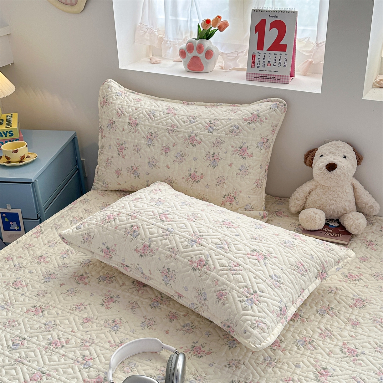 91家纺网 家纺一手货源 找家纺 忘忧草 2025新款清新简约全棉印花夹棉床笠 欧风花影