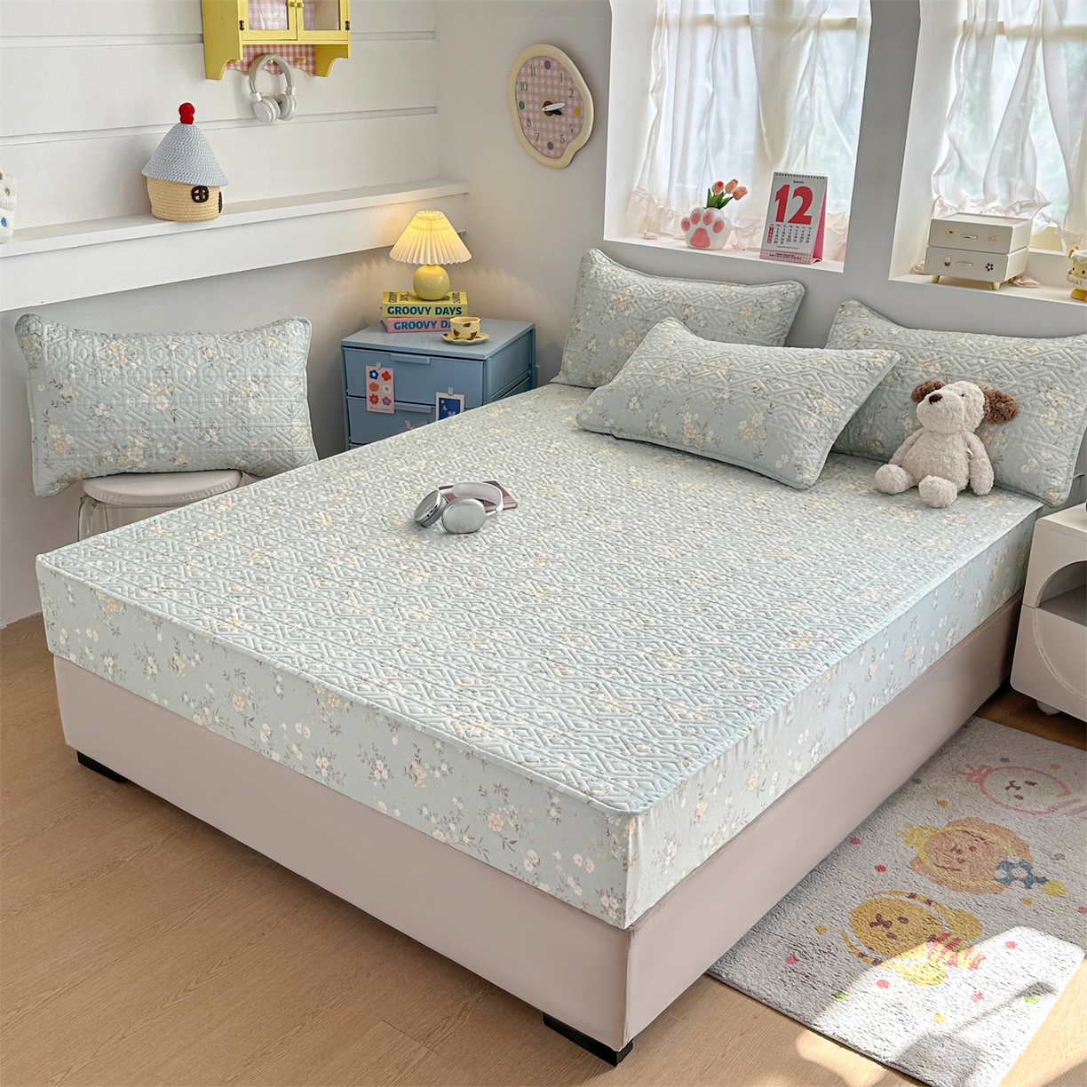 91家纺网 家纺一手货源 找家纺 忘忧草 2025新款清新简约全棉印花夹棉床笠 苏林-绿