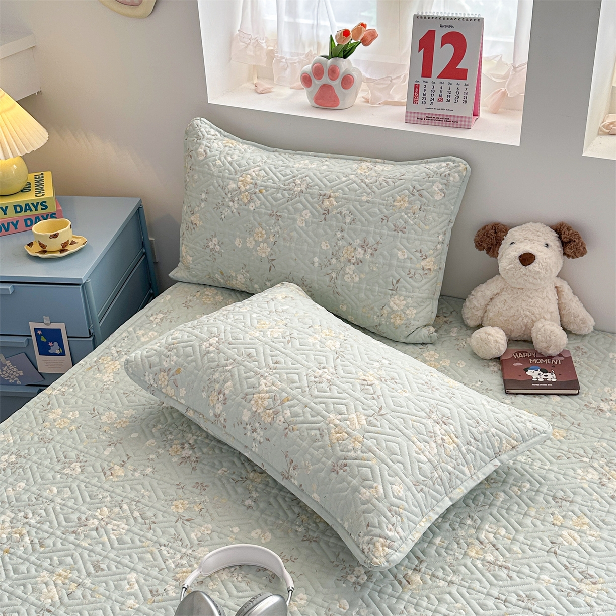 91家纺网 家纺一手货源 找家纺 忘忧草 2025新款清新简约全棉印花夹棉床笠 苏林-绿