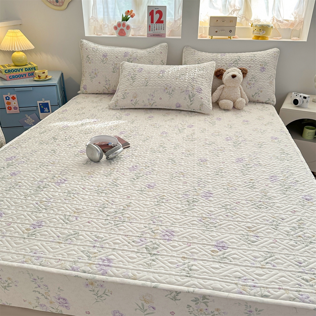 91家纺网 家纺一手货源 找家纺 忘忧草 2025新款清新简约全棉印花夹棉床笠 芜晴花-紫