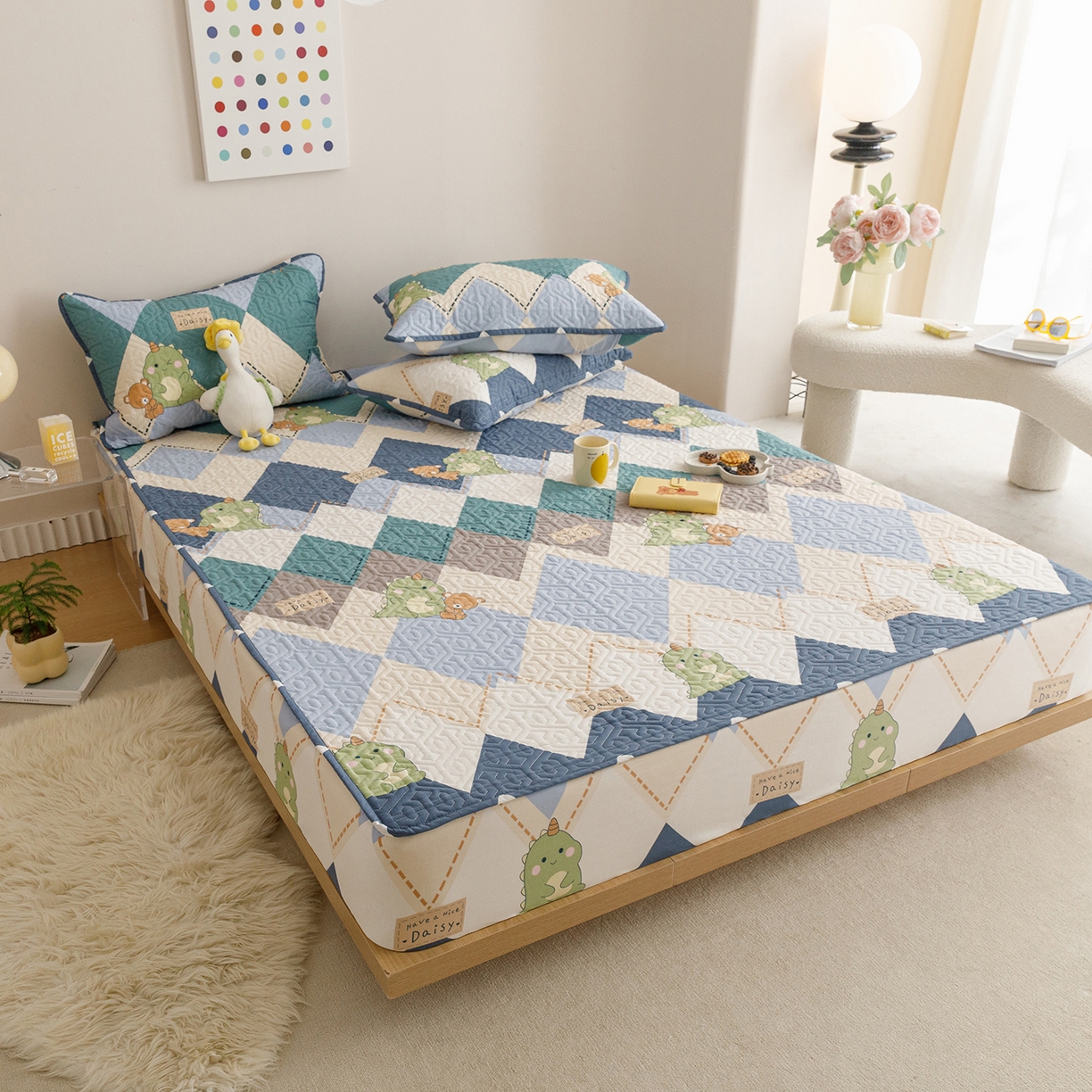 91家纺网 家纺一手货源 找家纺 忘忧草 2025新款清新简约全棉印花夹棉床笠 淘淘龙