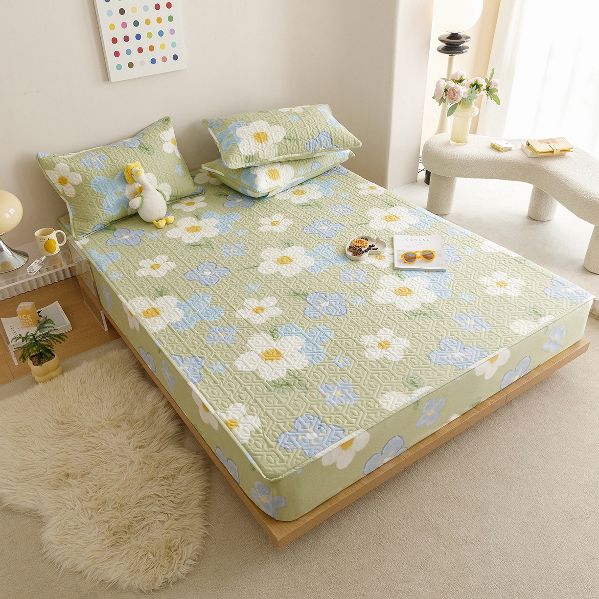 91家纺网 家纺一手货源 找家纺 忘忧草 2025新款清新简约全棉印花夹棉床笠 雅秀