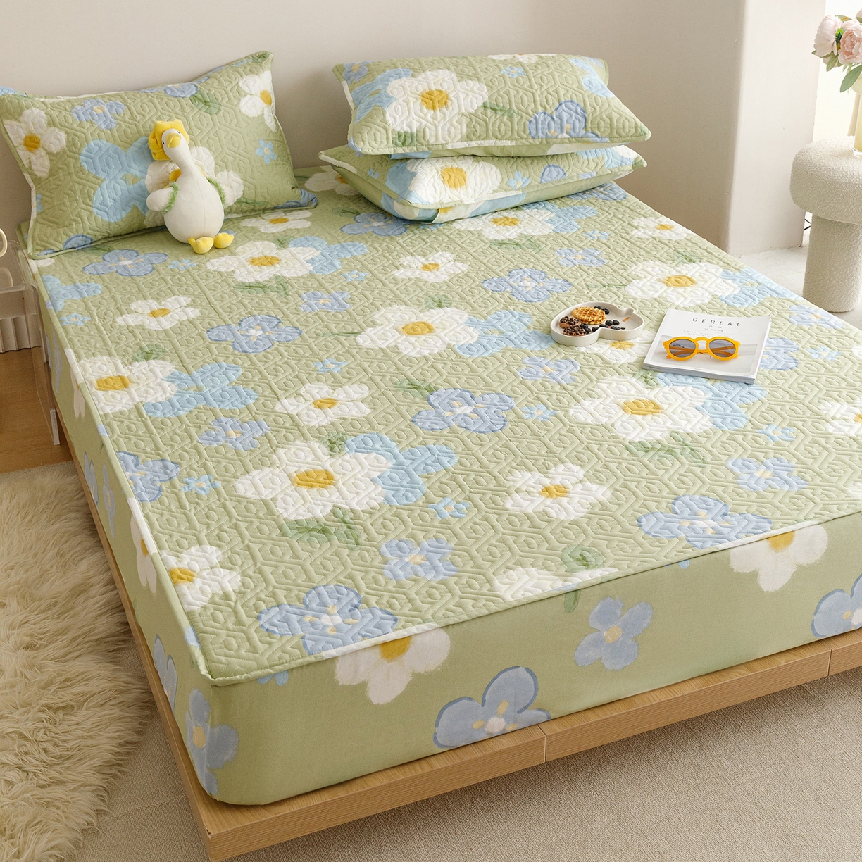 91家纺网 家纺一手货源 找家纺 忘忧草 2025新款清新简约全棉印花夹棉床笠 雅秀