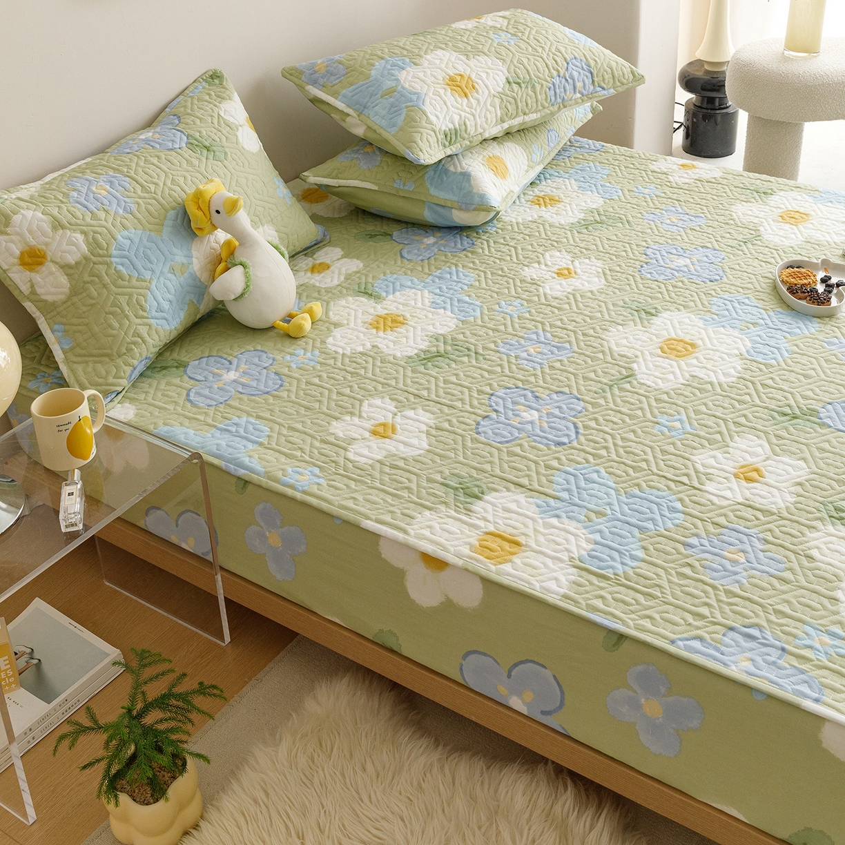 91家纺网 家纺一手货源 找家纺 忘忧草 2025新款清新简约全棉印花夹棉床笠 雅秀