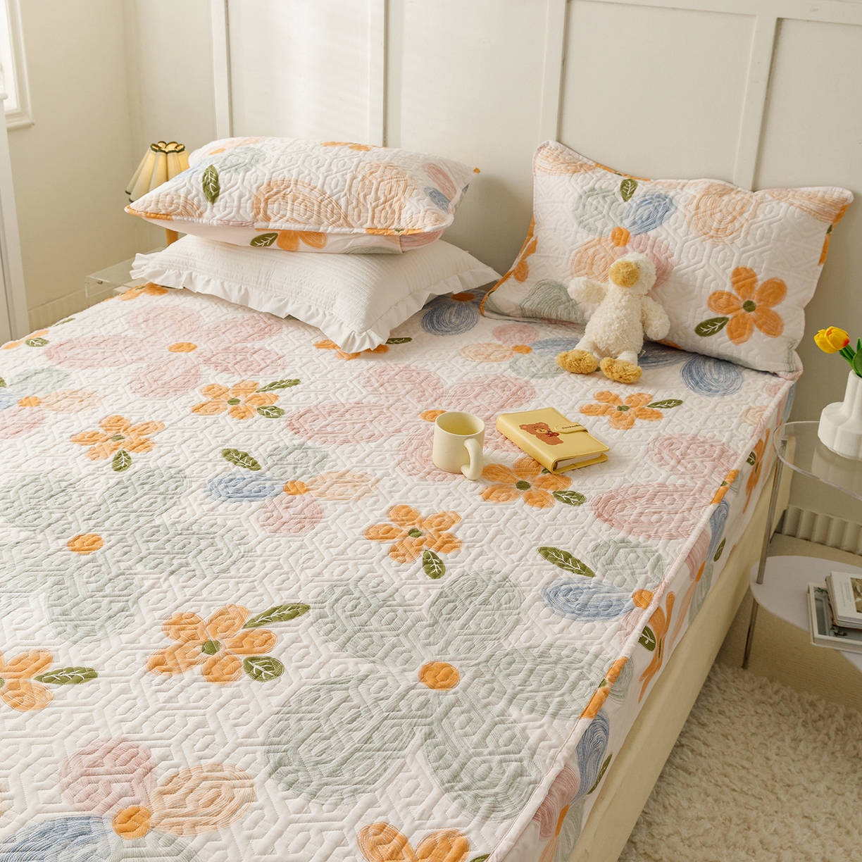 91家纺网 家纺一手货源 找家纺 忘忧草 2025新款清新简约全棉印花夹棉床笠 秋洛