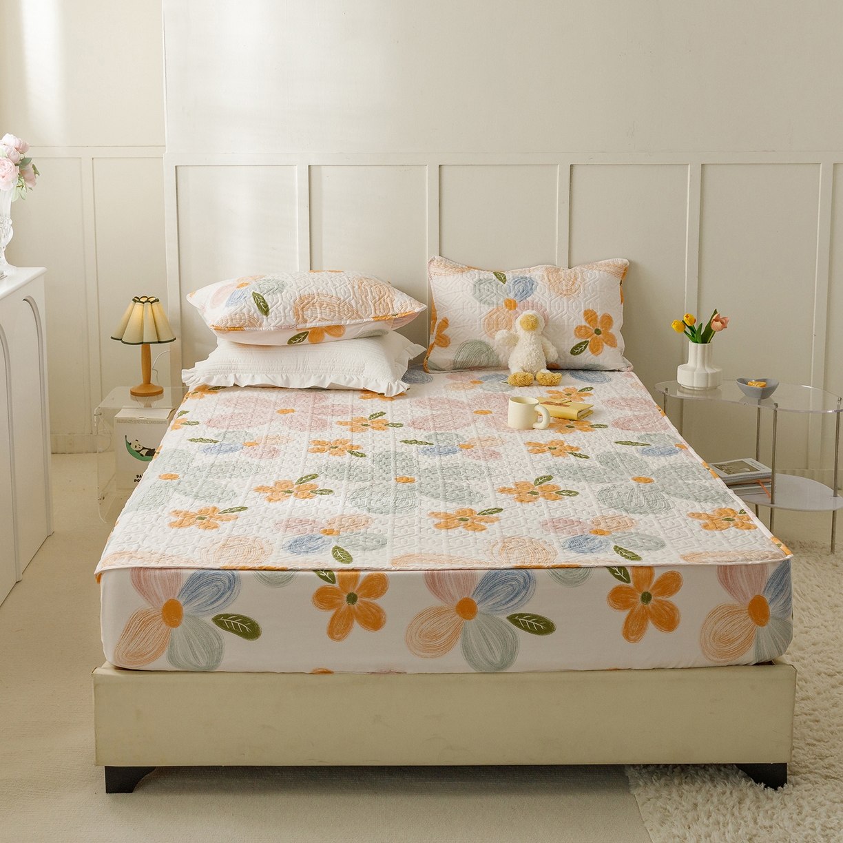 91家纺网 家纺一手货源 找家纺 忘忧草 2025新款清新简约全棉印花夹棉床笠 秋洛