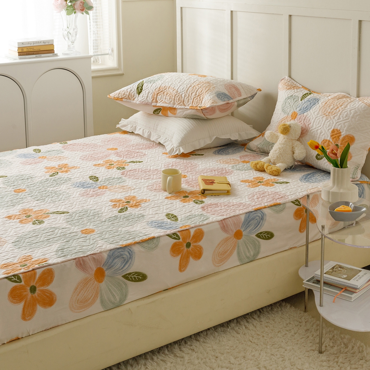 91家纺网 家纺一手货源 找家纺 忘忧草 2025新款清新简约全棉印花夹棉床笠 秋洛