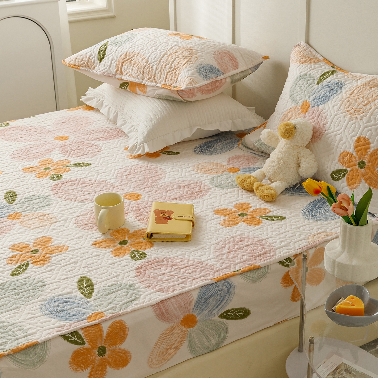 91家纺网 家纺一手货源 找家纺 忘忧草 2025新款清新简约全棉印花夹棉床笠 秋洛