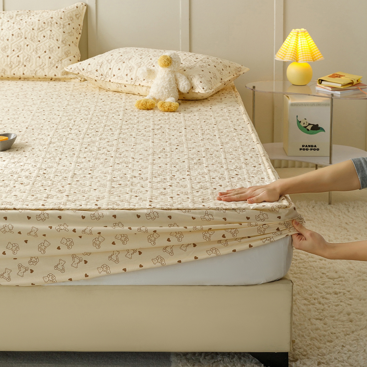 91家纺网 家纺一手货源 找家纺 忘忧草 2025新款清新简约全棉印花夹棉床笠 贝贝熊