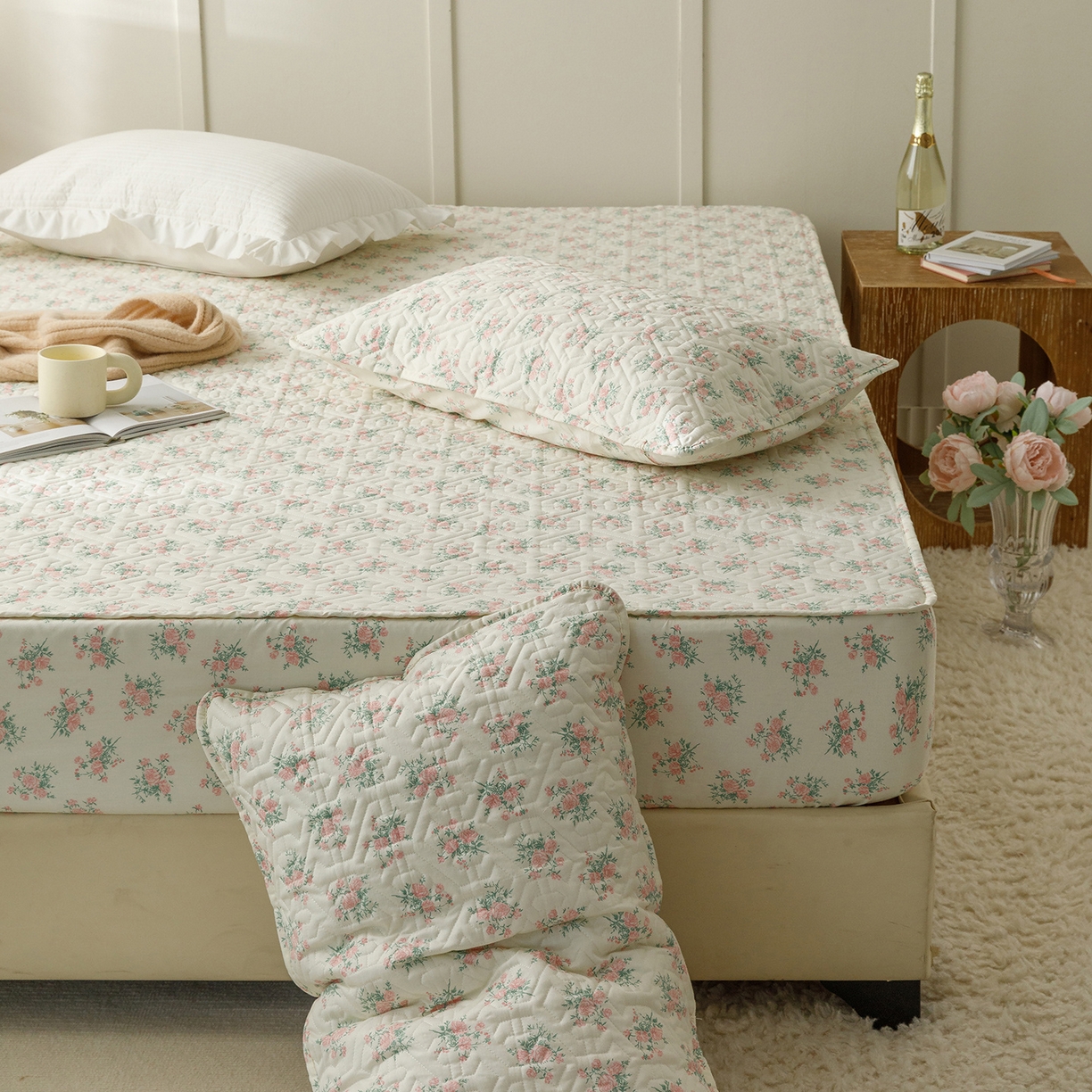 91家纺网 家纺一手货源 找家纺 忘忧草 2025新款清新简约全棉印花夹棉床笠 少女心