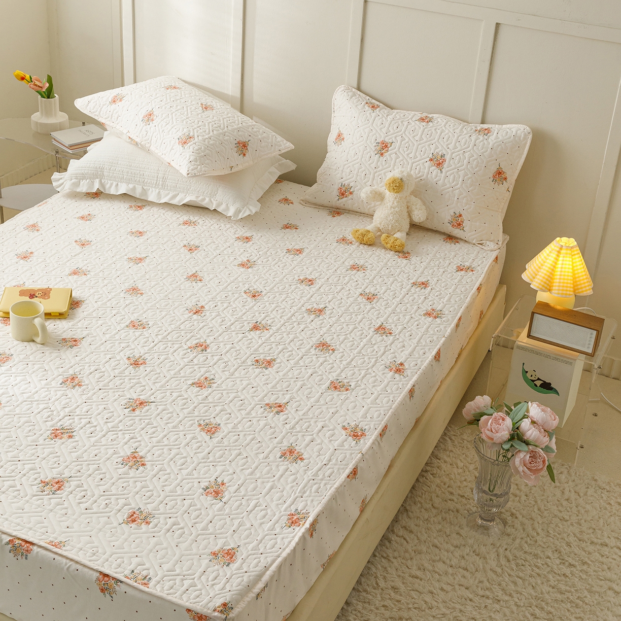 91家纺网 家纺一手货源 找家纺 忘忧草 2025新款清新简约全棉印花夹棉床笠 花簇-米