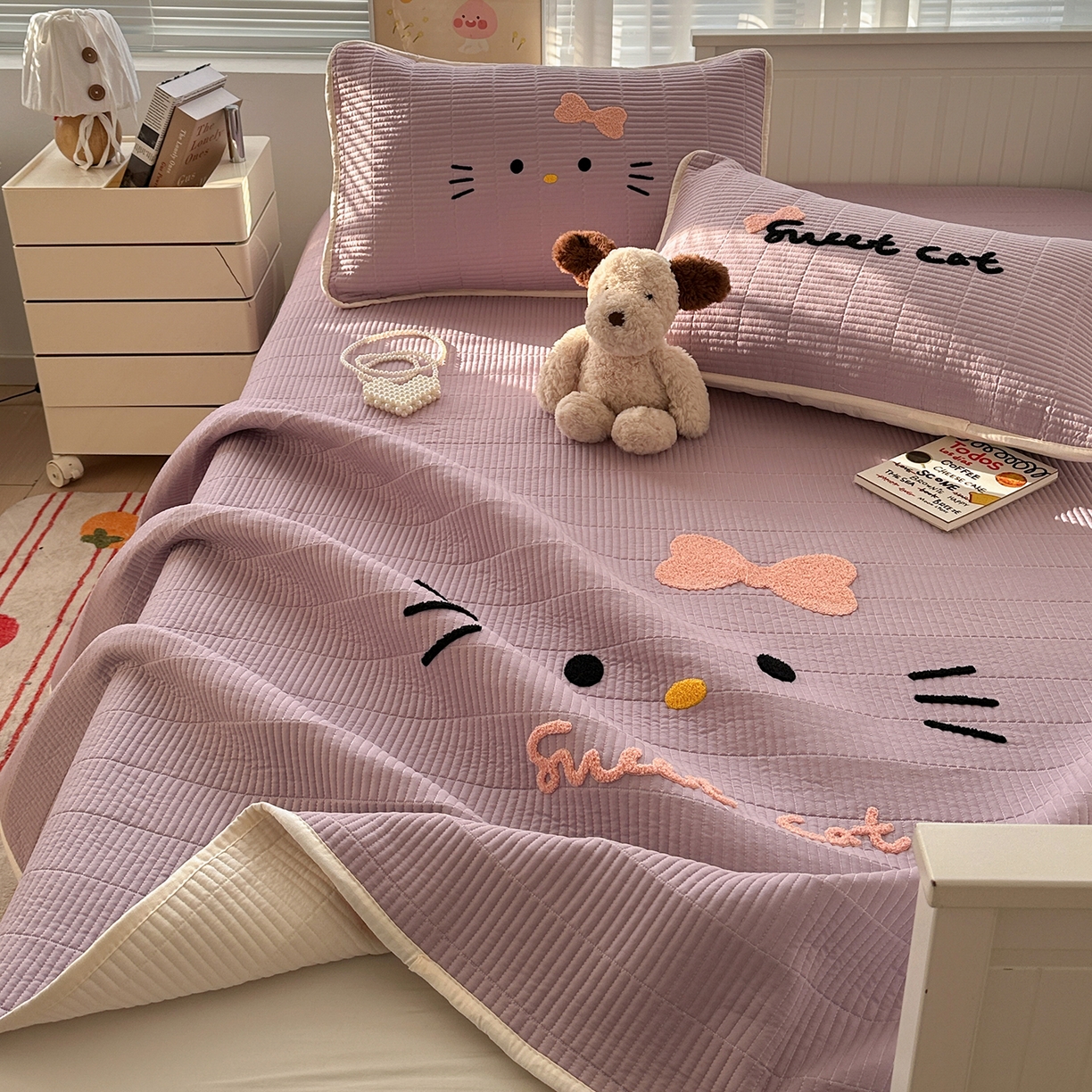 繁花家居 2025新款云朵棉软到心坎可爱毛巾绣床盖，不跑床的加厚床单 喵喵-奶紫