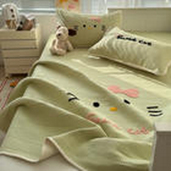 繁花家居 2025新款云朵棉软到心坎可爱毛巾绣床盖，不跑床的加厚床单 喵喵-奶绿