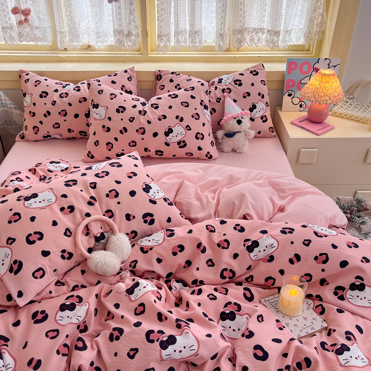 91家纺网 家纺一手货源 找家纺 玉海棠家纺 2025新款双层皱皱纱四件套 大脸喵