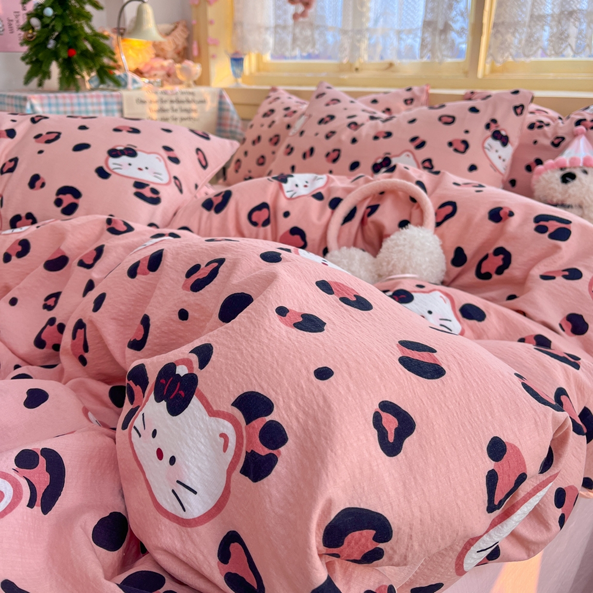 91家纺网 家纺一手货源 找家纺 玉海棠家纺 2025新款双层皱皱纱四件套 大脸喵