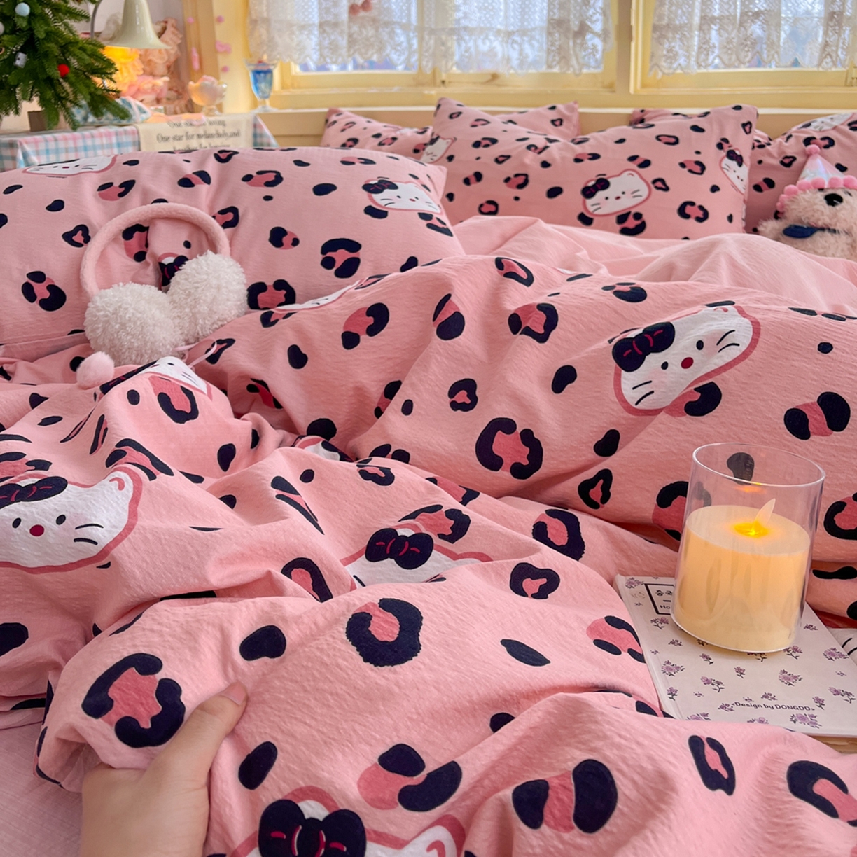 91家纺网 家纺一手货源 找家纺 玉海棠家纺 2025新款双层皱皱纱四件套 大脸喵