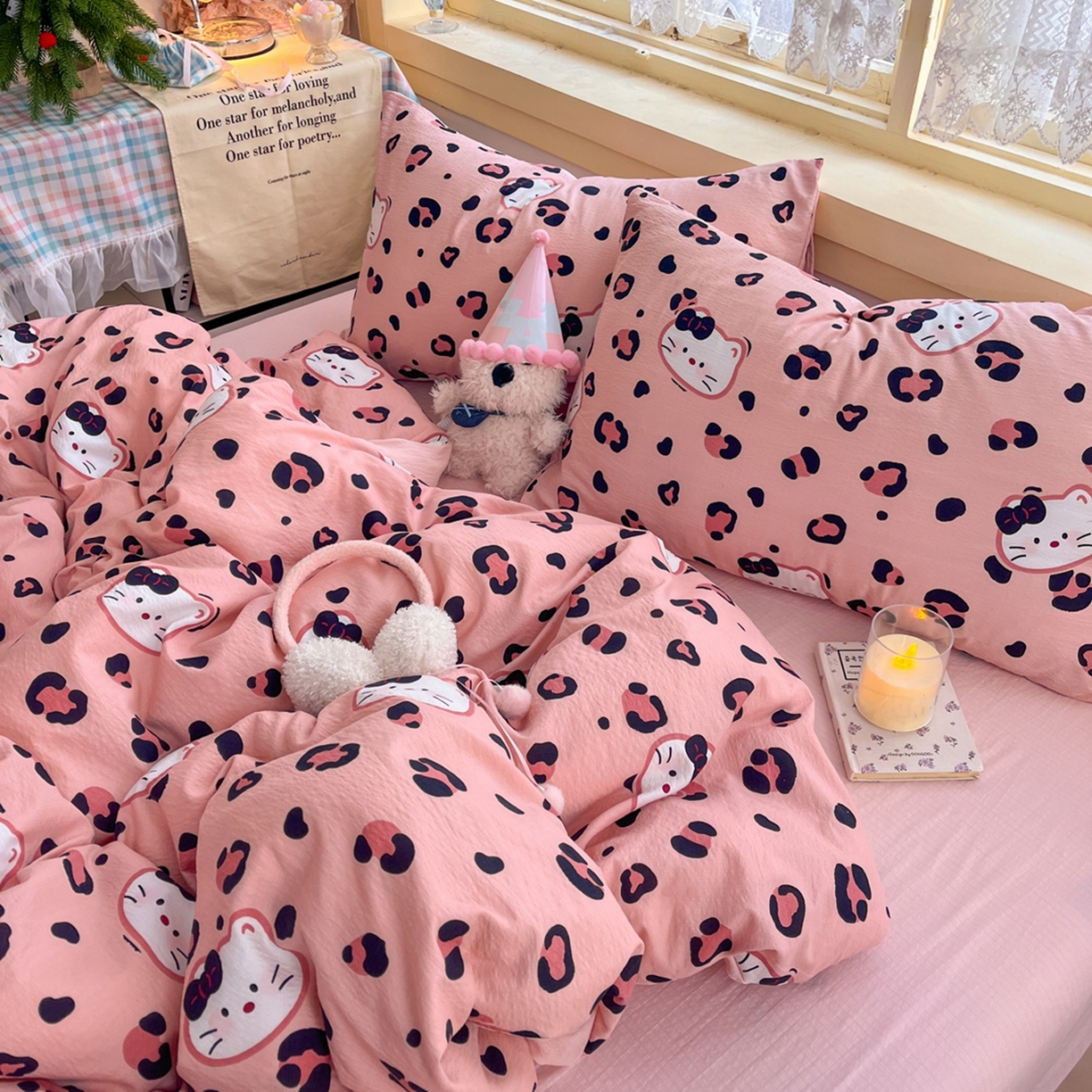 91家纺网 家纺一手货源 找家纺 玉海棠家纺 2025新款双层皱皱纱四件套 大脸喵