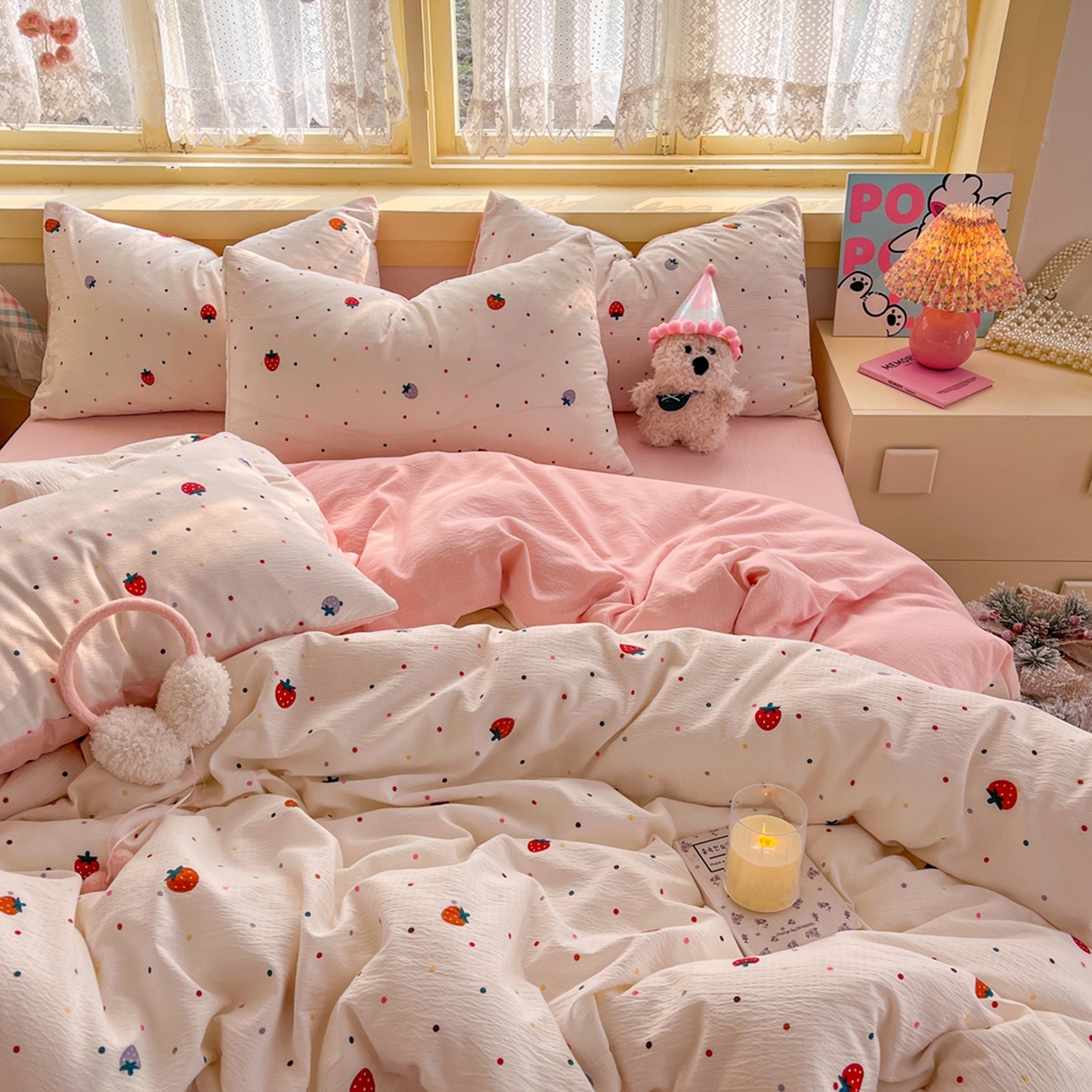 91家纺网 家纺一手货源 找家纺 玉海棠家纺 2025新款双层皱皱纱四件套 点点草莓