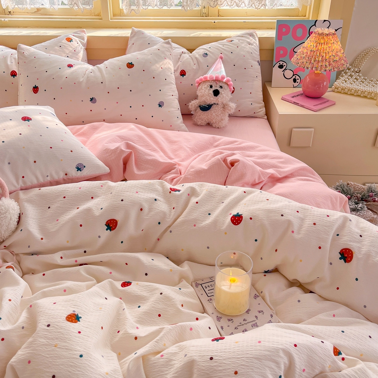 91家纺网 家纺一手货源 找家纺 玉海棠家纺 2025新款双层皱皱纱四件套 点点草莓