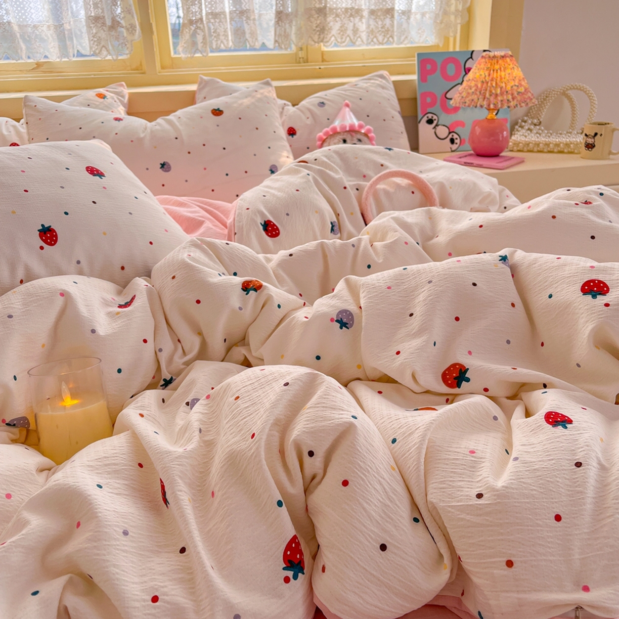 91家纺网 家纺一手货源 找家纺 玉海棠家纺 2025新款双层皱皱纱四件套 点点草莓