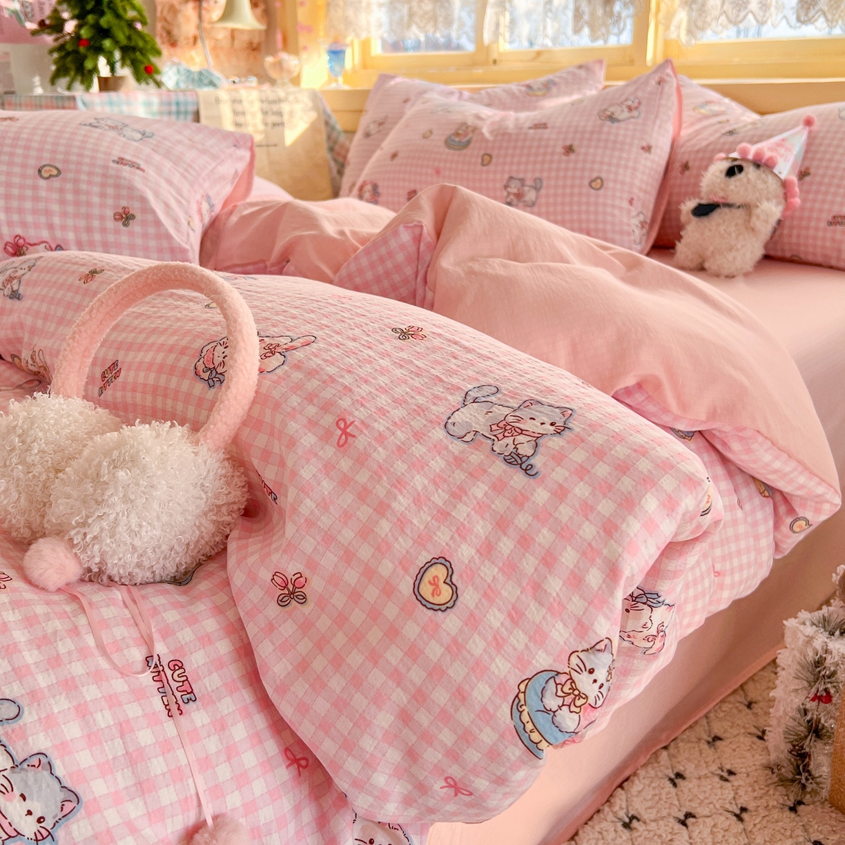 玉海棠家纺 2025新款双层皱皱纱四件套 可爱喵星球