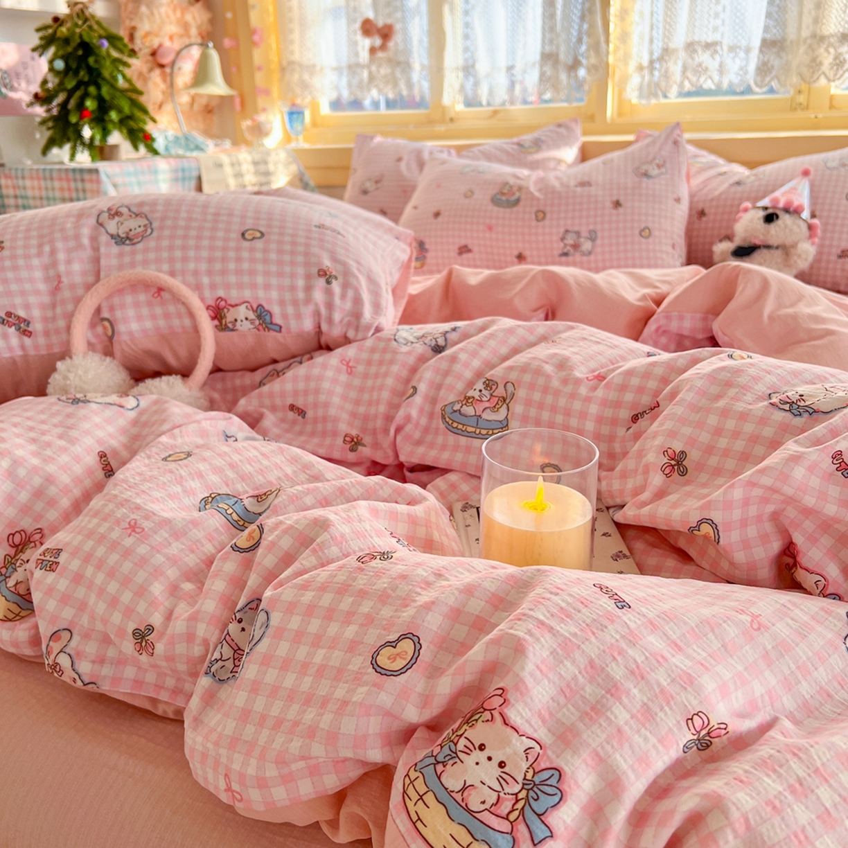 91家纺网 家纺一手货源 找家纺 玉海棠家纺 2025新款双层皱皱纱四件套 可爱喵星球