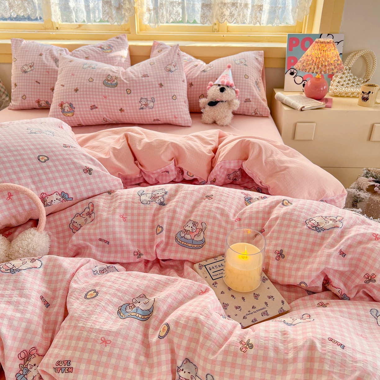 91家纺网 家纺一手货源 找家纺 玉海棠家纺 2025新款双层皱皱纱四件套 可爱喵星球