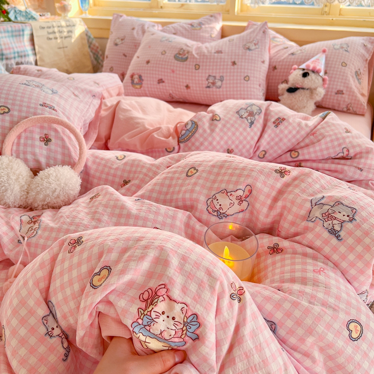 91家纺网 家纺一手货源 找家纺 玉海棠家纺 2025新款双层皱皱纱四件套 可爱喵星球