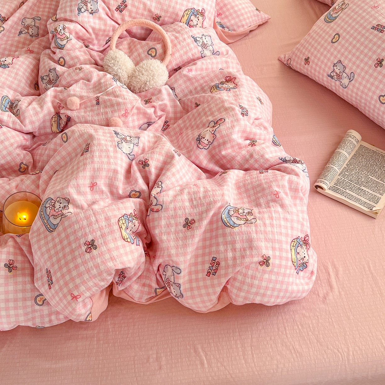 91家纺网 家纺一手货源 找家纺 玉海棠家纺 2025新款双层皱皱纱四件套 可爱喵星球