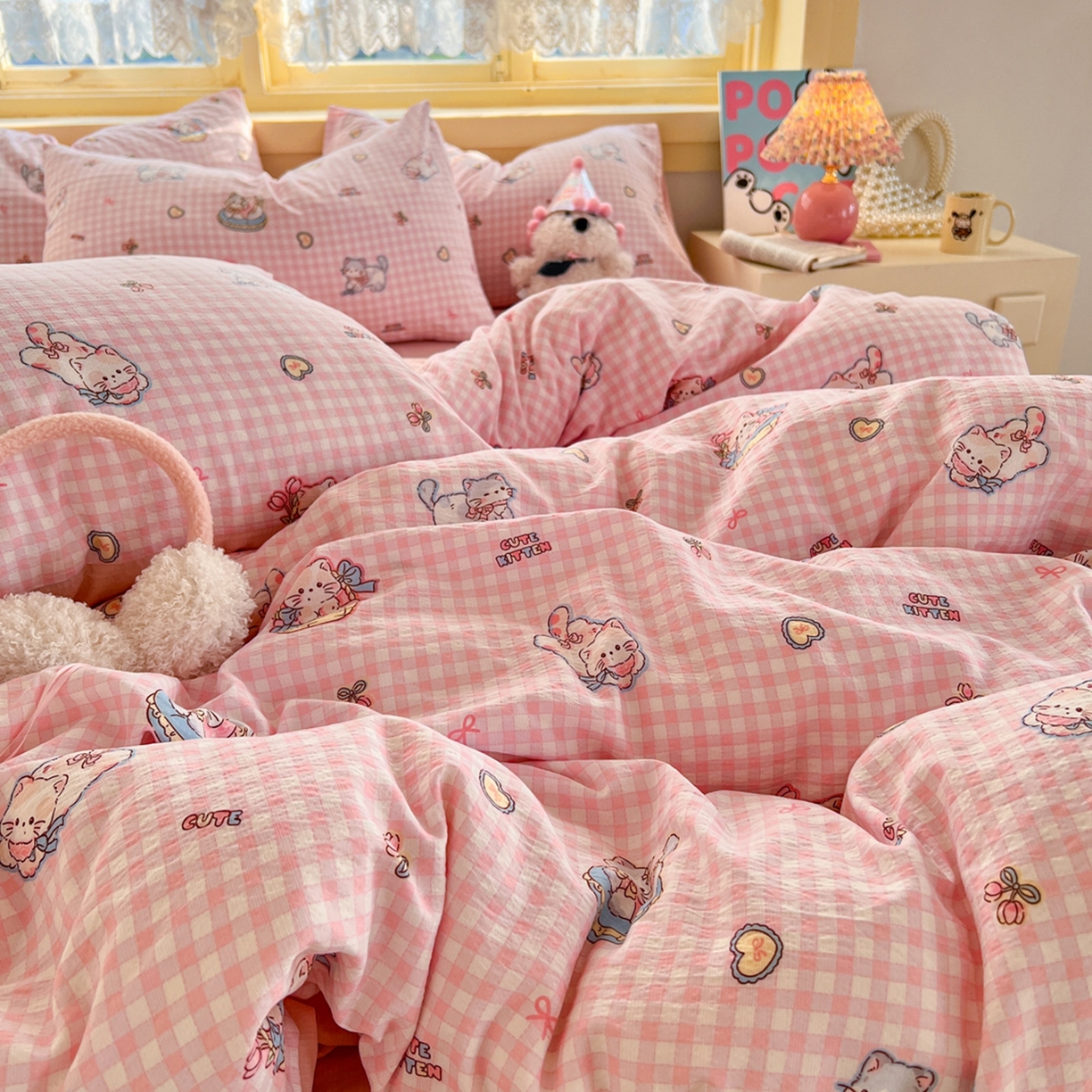 91家纺网 家纺一手货源 找家纺 玉海棠家纺 2025新款双层皱皱纱四件套 可爱喵星球