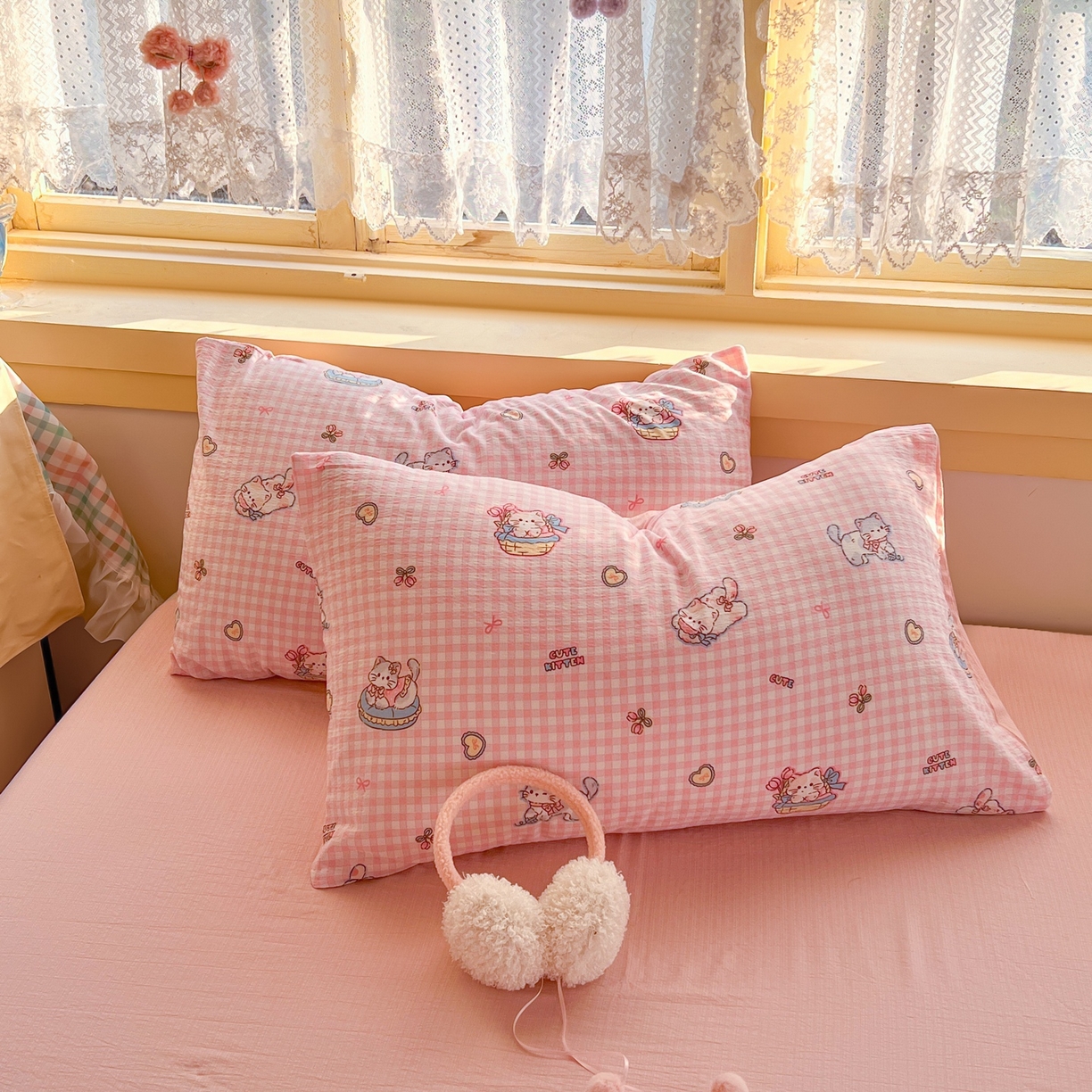 91家纺网 家纺一手货源 找家纺 玉海棠家纺 2025新款双层皱皱纱四件套 可爱喵星球