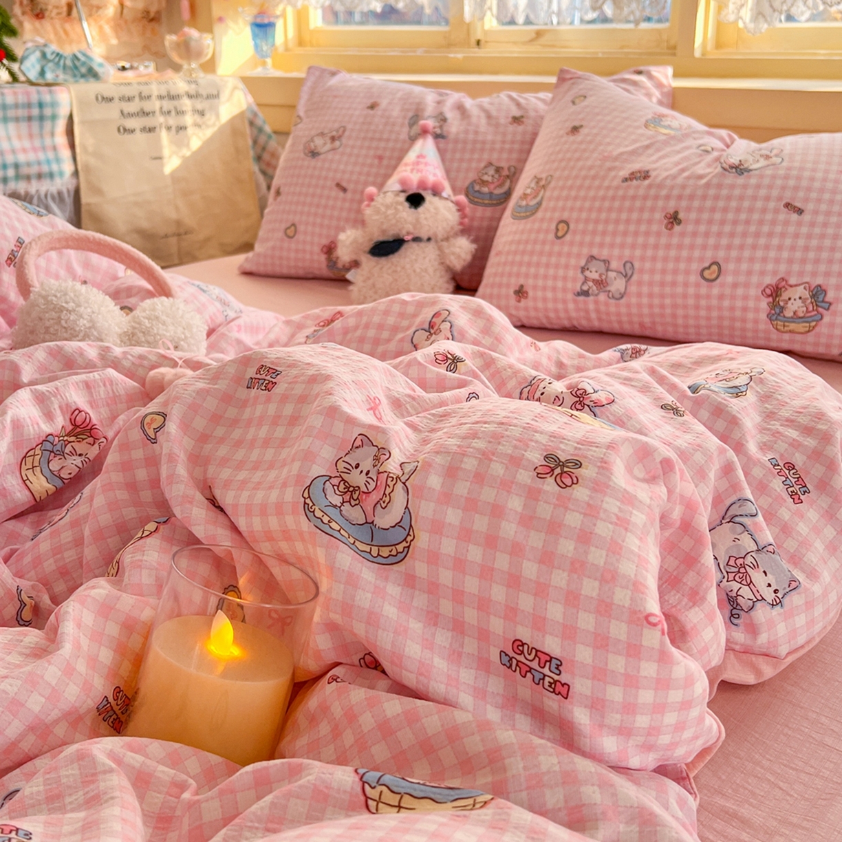 91家纺网 家纺一手货源 找家纺 玉海棠家纺 2025新款双层皱皱纱四件套 可爱喵星球