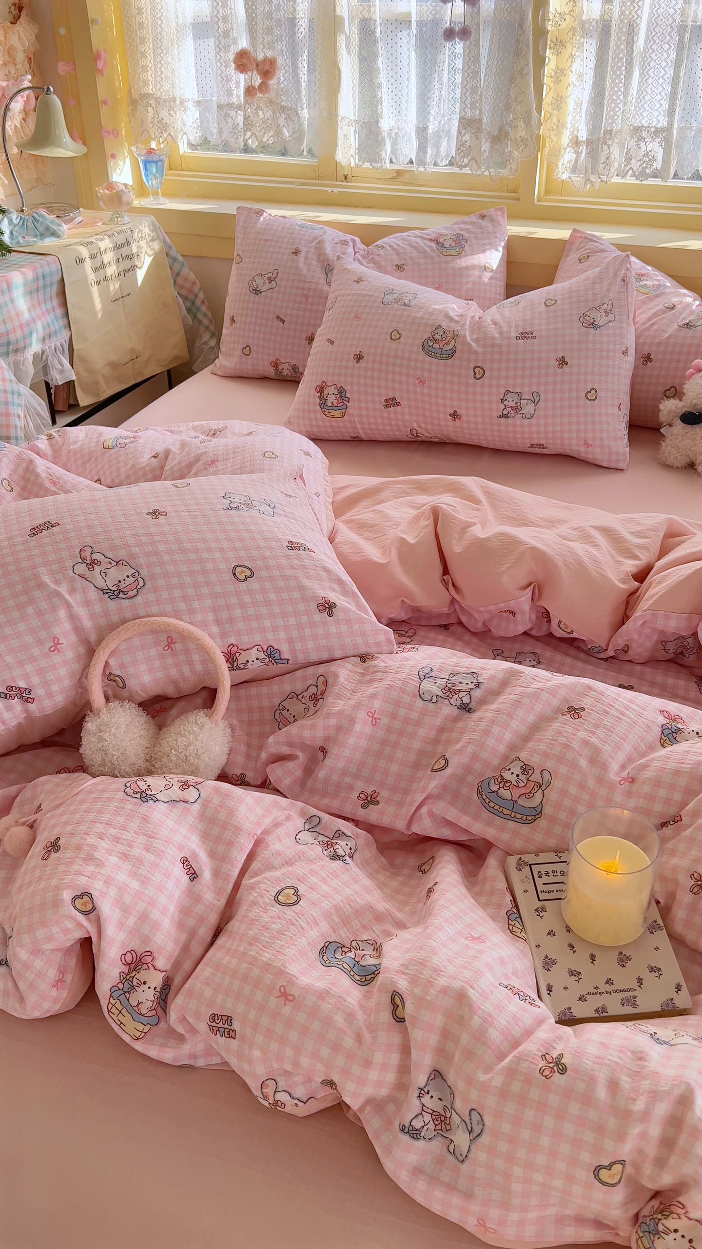 91家纺网 家纺一手货源 找家纺 玉海棠家纺 2025新款双层皱皱纱四件套 可爱喵星球