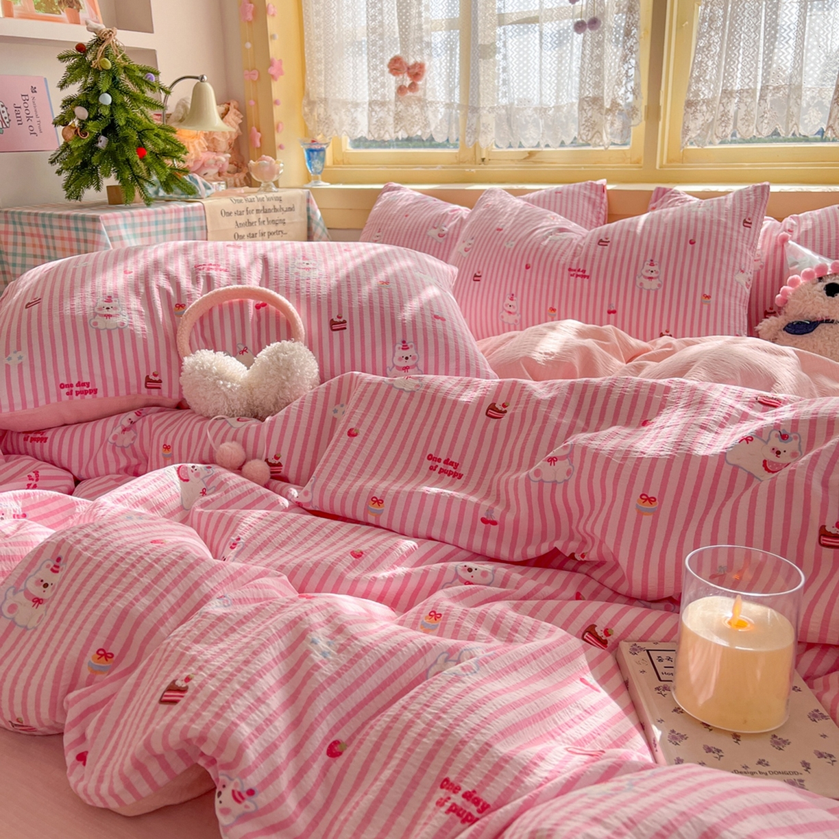 91家纺网 家纺一手货源 找家纺 玉海棠家纺 2025新款双层皱皱纱四件套 生日派对