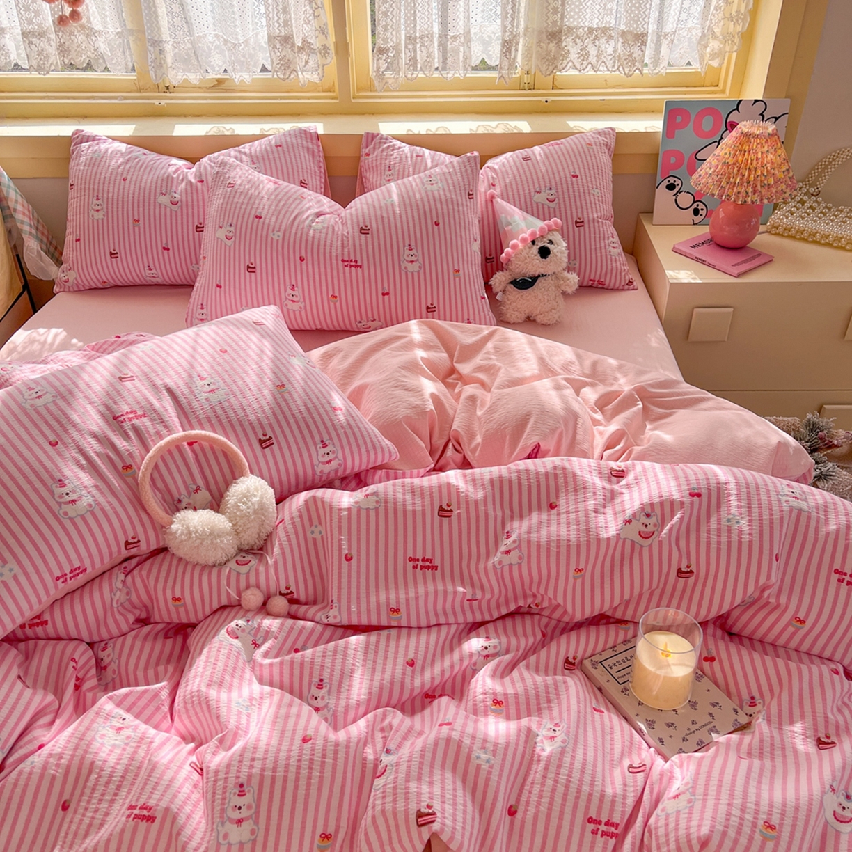 91家纺网 家纺一手货源 找家纺 玉海棠家纺 2025新款双层皱皱纱四件套 生日派对