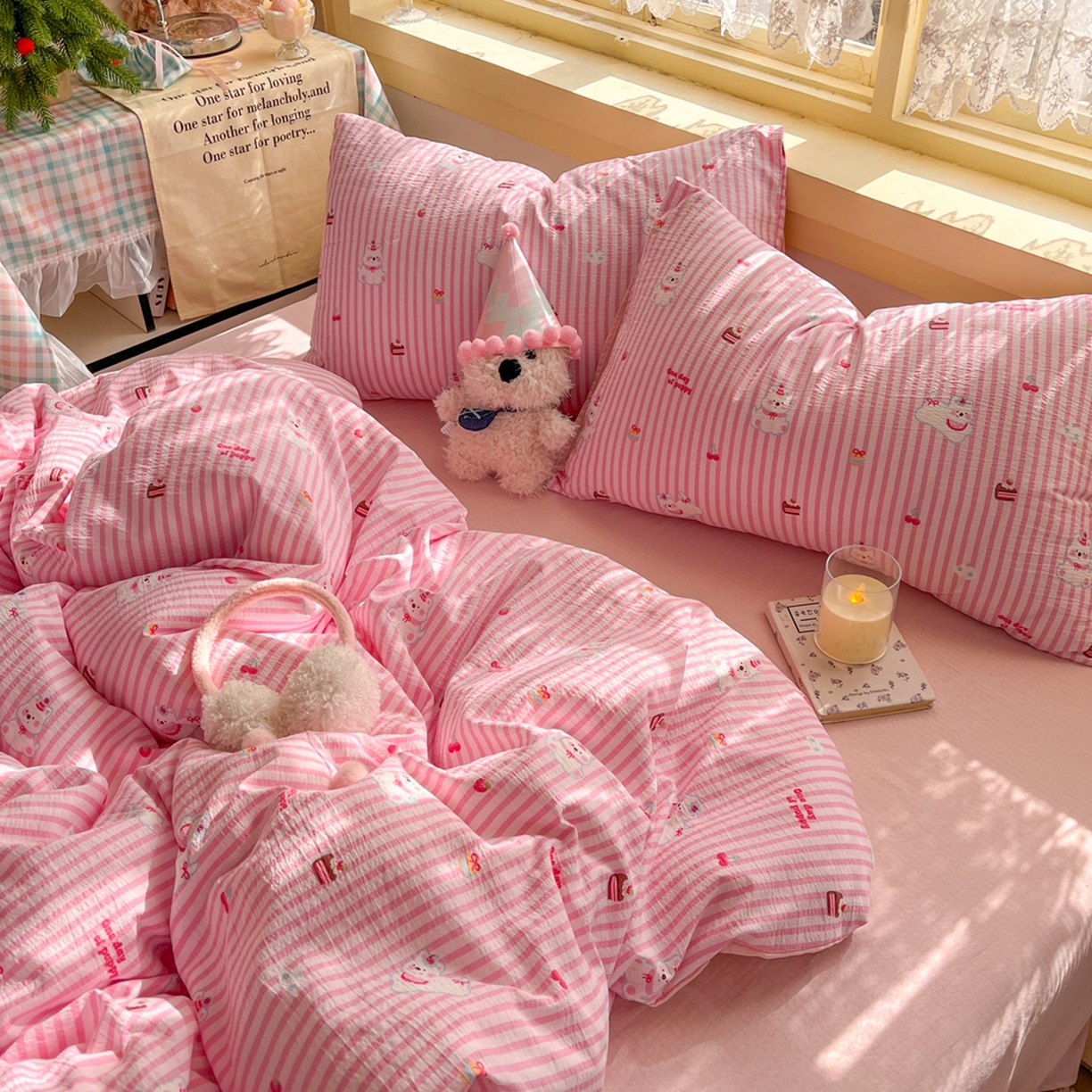 91家纺网 家纺一手货源 找家纺 玉海棠家纺 2025新款双层皱皱纱四件套 生日派对