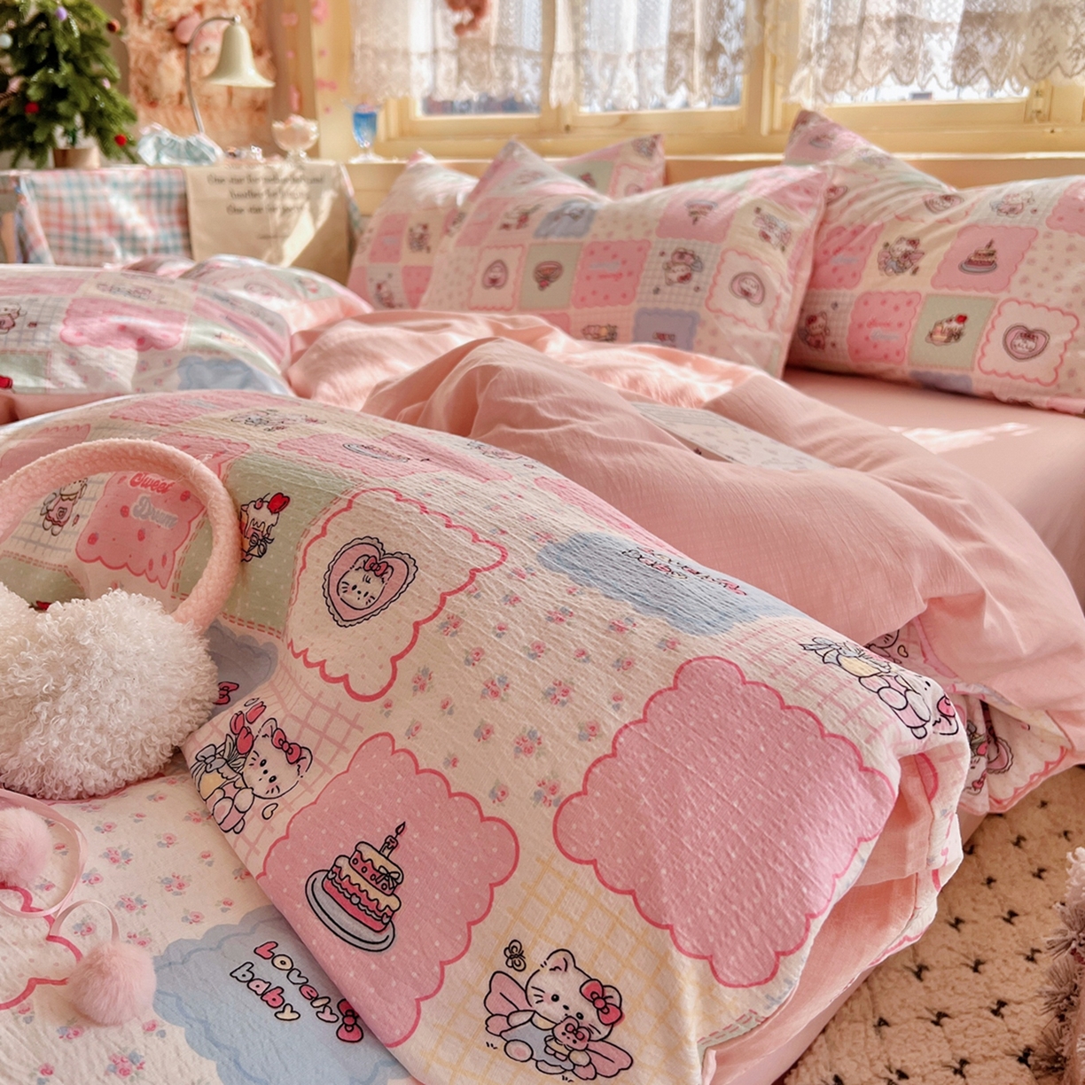 91家纺网 家纺一手货源 找家纺 玉海棠家纺 2025新款双层皱皱纱四件套 甜品猫