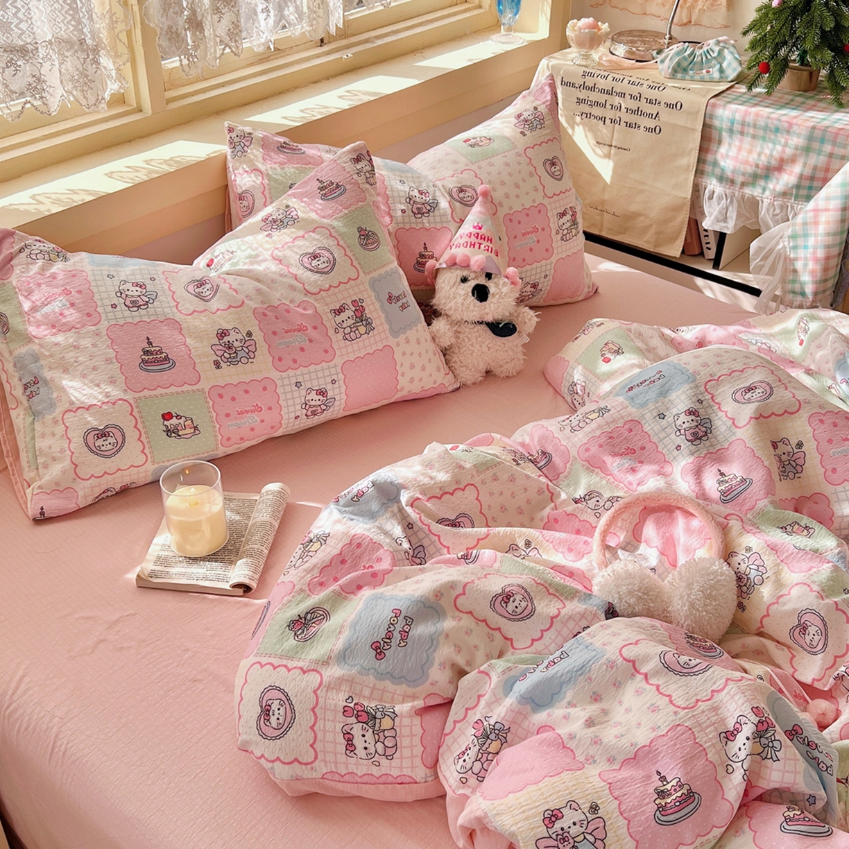 91家纺网 家纺一手货源 找家纺 玉海棠家纺 2025新款双层皱皱纱四件套 甜品猫