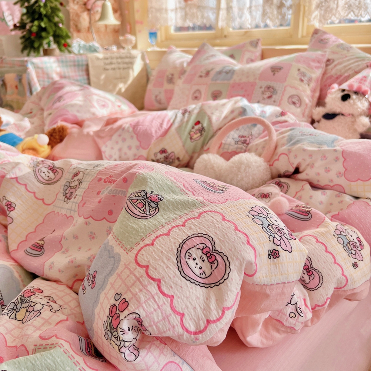 91家纺网 家纺一手货源 找家纺 玉海棠家纺 2025新款双层皱皱纱四件套 甜品猫