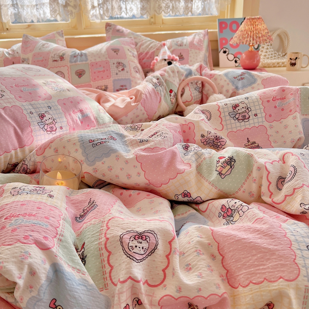 91家纺网 家纺一手货源 找家纺 玉海棠家纺 2025新款双层皱皱纱四件套 甜品猫