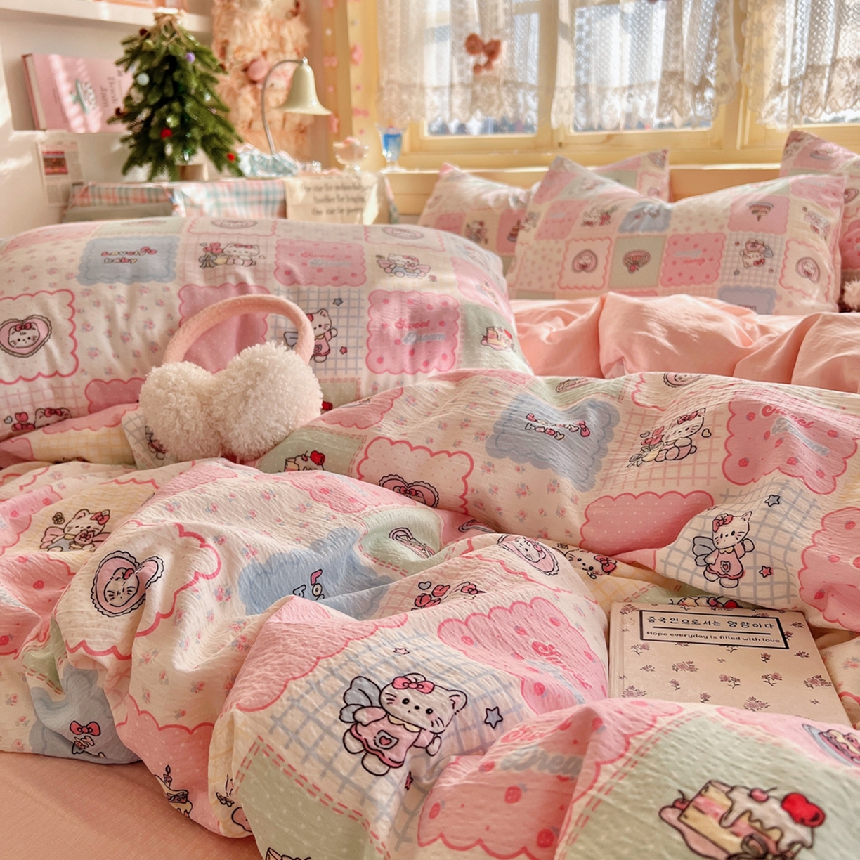 91家纺网 家纺一手货源 找家纺 玉海棠家纺 2025新款双层皱皱纱四件套 甜品猫