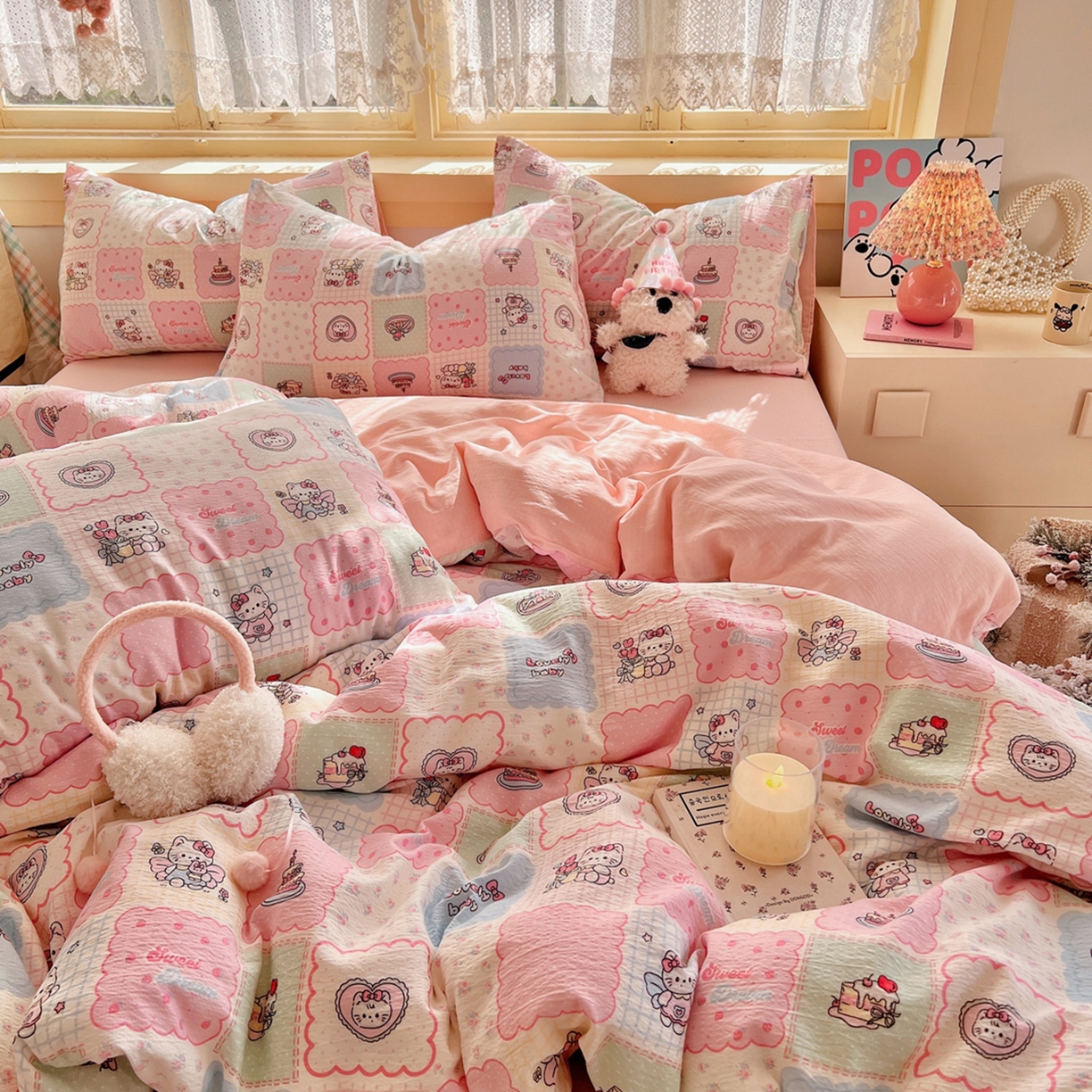 91家纺网 家纺一手货源 找家纺 玉海棠家纺 2025新款双层皱皱纱四件套 甜品猫