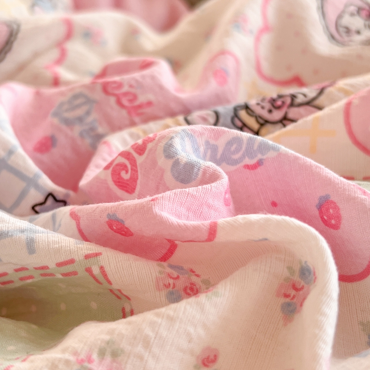 91家纺网 家纺一手货源 找家纺 玉海棠家纺 2025新款双层皱皱纱四件套 甜品猫