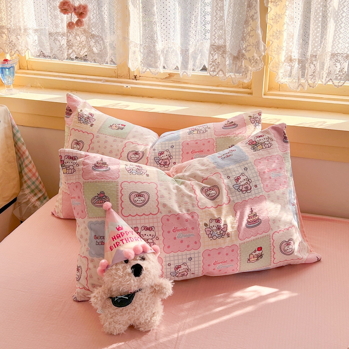 91家纺网 家纺一手货源 找家纺 玉海棠家纺 2025新款双层皱皱纱四件套 甜品猫