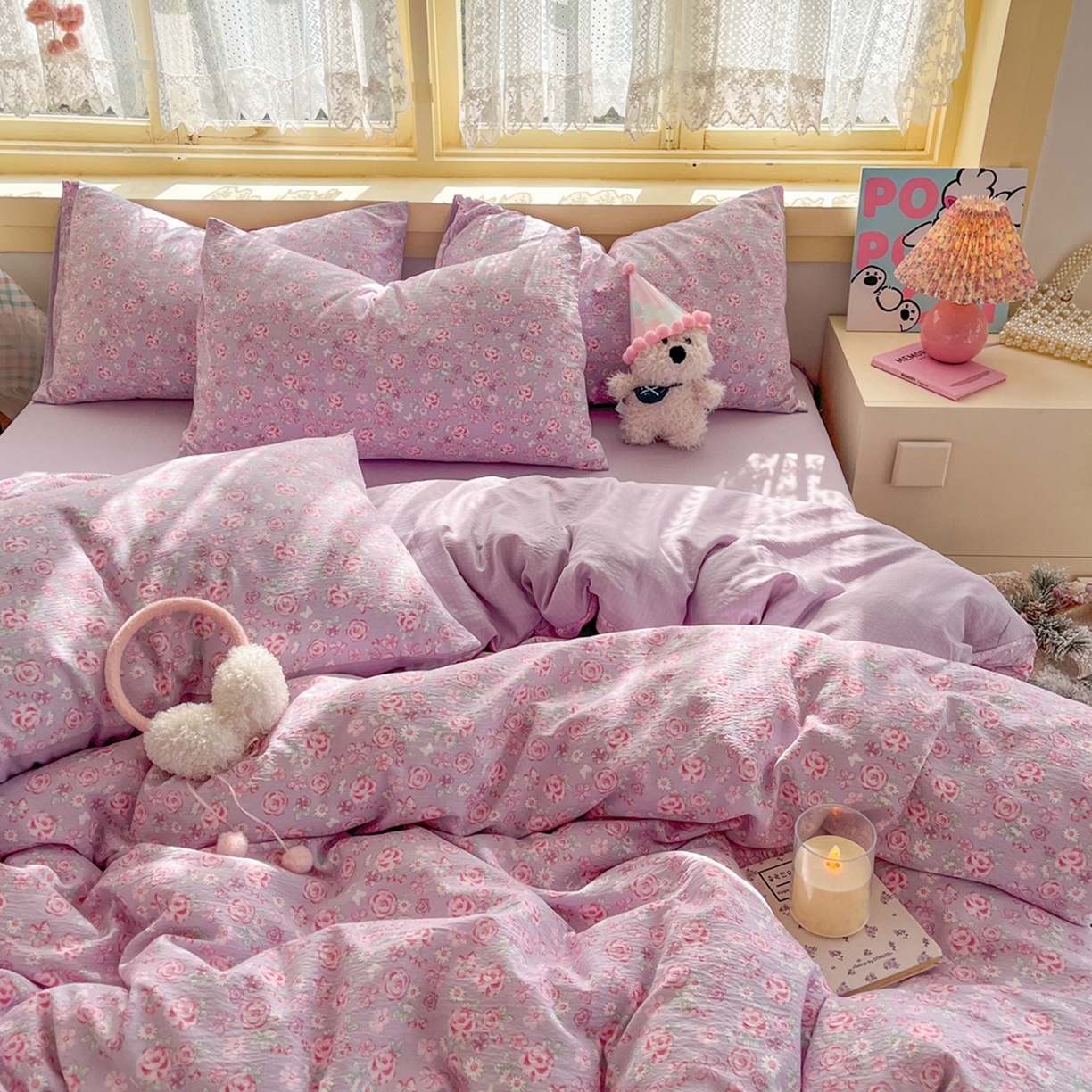 91家纺网 家纺一手货源 找家纺 玉海棠家纺 2025新款双层皱皱纱四件套 夕颜